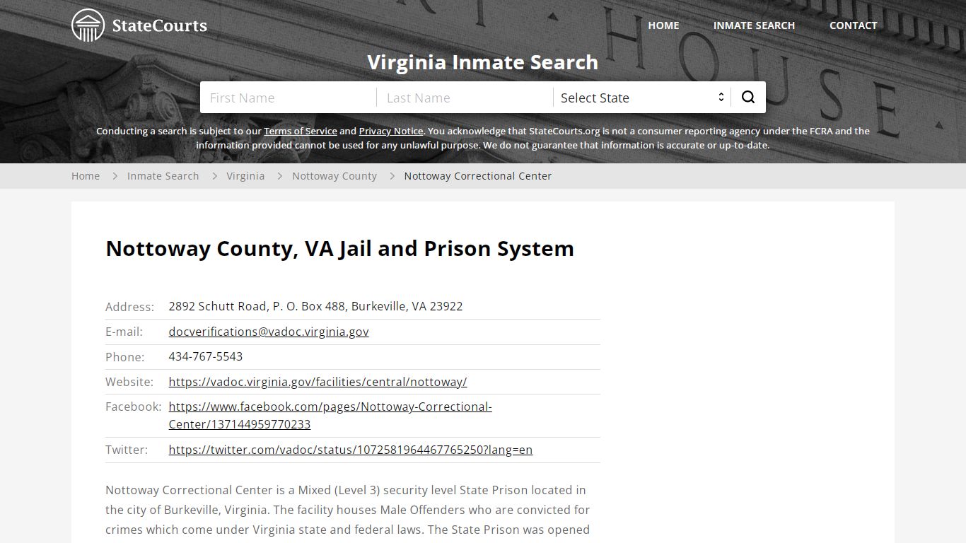 Nottoway Correctional Center Inmate Records Search, Virginia - StateCourts